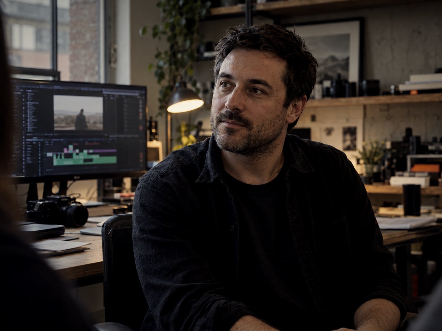 Nemanja u montažnoj sobi, iza njega monitor sa montažom